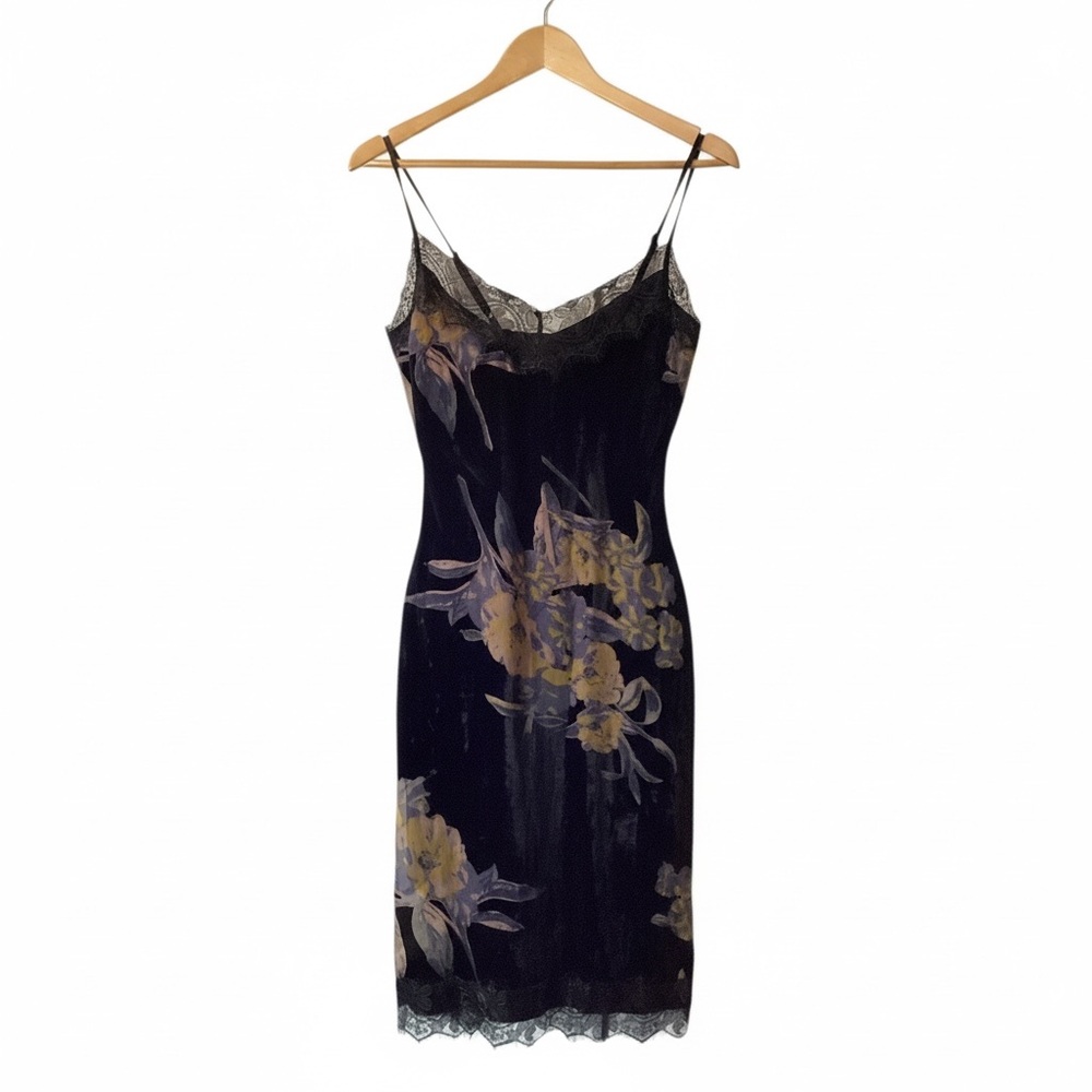 Y2K Whimsigoth  Black Velvet Floral Burnout Lace Detail Slip Dress Boho Festival